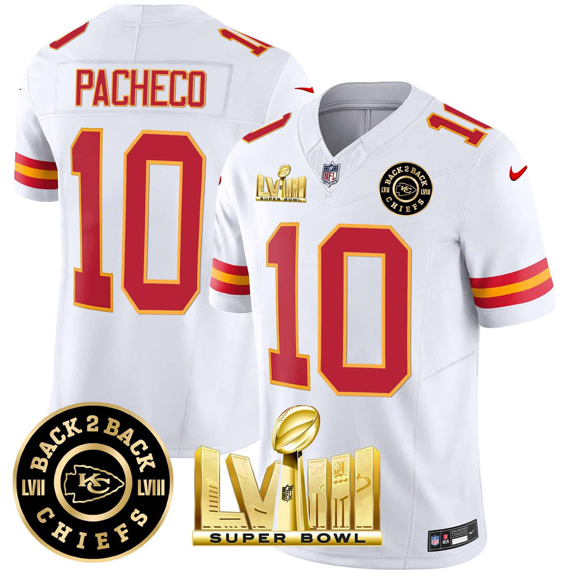 Men Kansas City Chiefs 10 Pacheco White 2024 Nike Super Bowl LVIII & Back 2 Back Patch Vapor NFL Jersey